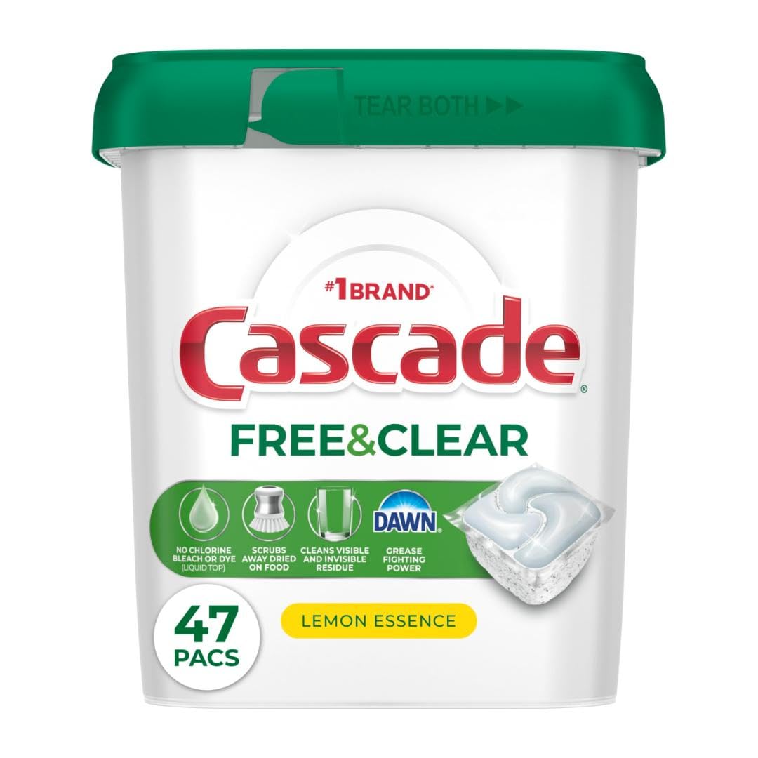Cascade Free & Clear Dishwasher Pods, Dishwasher Detergent, Dish Detergent Soap, Lemon Essence, 47 Count