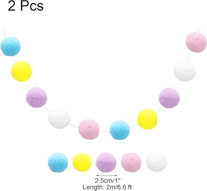 uxcell 2pcs Pom Pom Garland 6.6 Ft 30 Balls Colorful Felt Ball Garland for Wall Christmas Tree Decor Birthday Banner Easter Party Decorations, Blue, Yellow, Purple, White, Pink