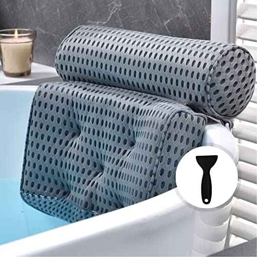 OMYSTYLE Bath Pillow for Tub, Quick Dry & Extra Thick Bathtub Pillow for Head Neck and Back Support, 4D Air Mesh with Powerful Suction Cups, Dark Grey