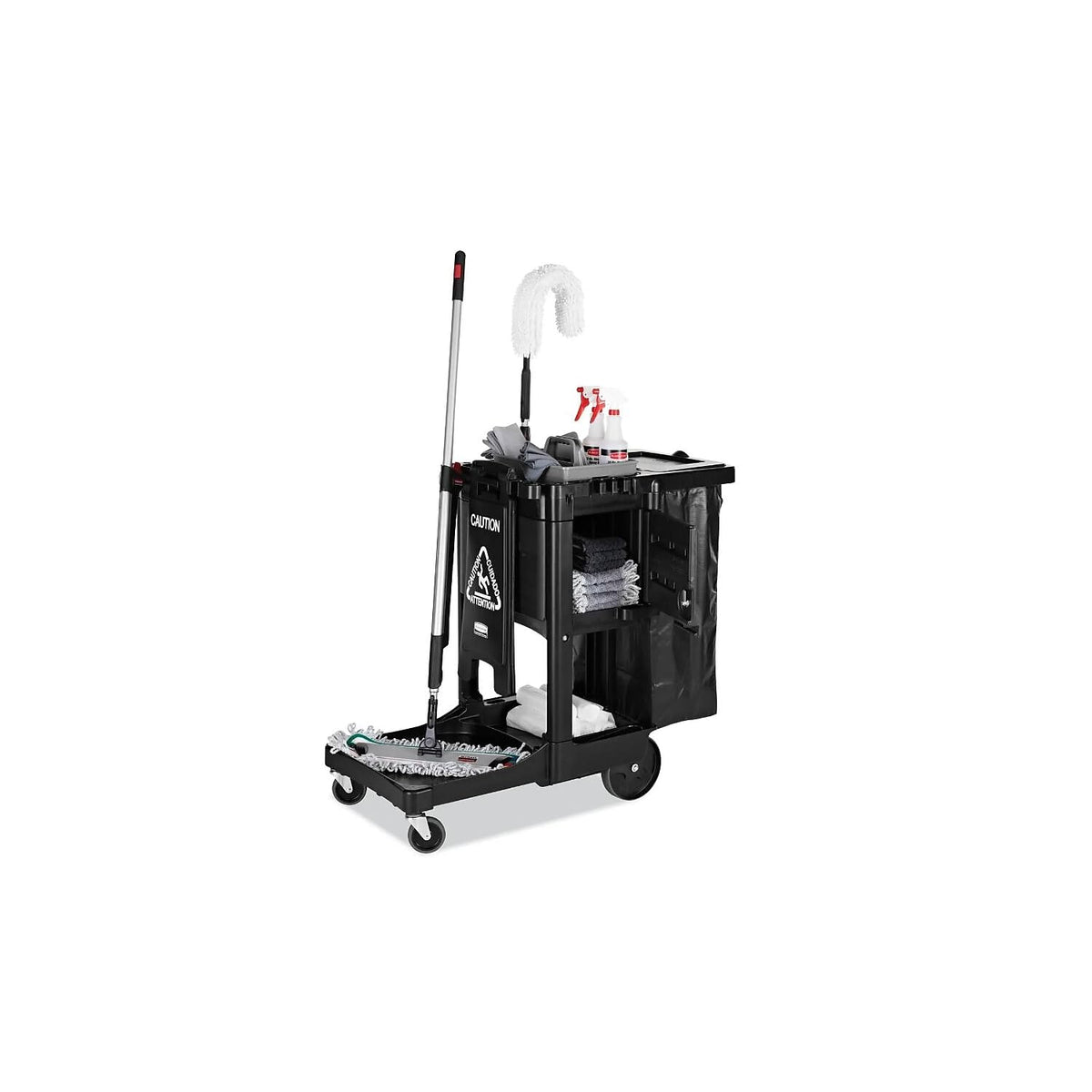 Rubbermaid Commercial Products Executive Series Janitorial and Housekeeping Cleaning Cart with Locking Cabinet, Wheeled with Zippered Black Vinyl Bag, Black, 38.4" H x 21.8" W x 46" L