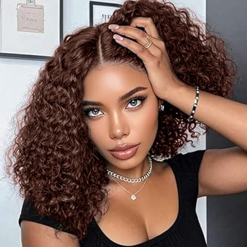 Curly Bob Wig Human Hair Deep Wave 13x6 HD Lace Front Wigs For Black Women Human Hair Pre Plucked Wear And Go Glueless Short Wet And Wavy Chocolate Brown #4 14 Inch