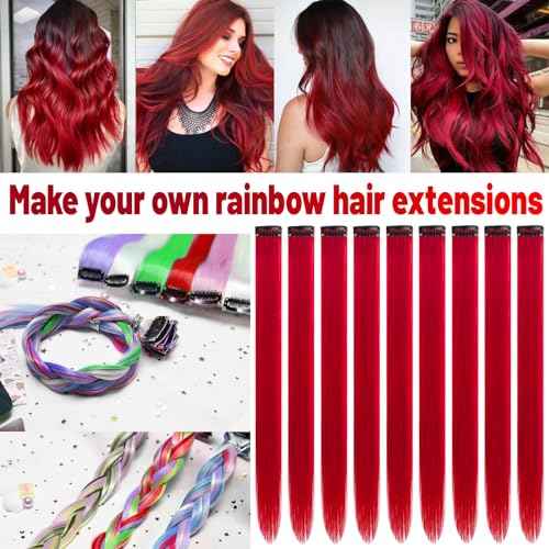 22 inch Colored Hair Extensions Straight Hairpiece, Colorful Hair Extensions Party Highlights Clip in Long Synthetic for Christmas Girls Women Kids Cosplay Favor Gift(10 PCS Red)