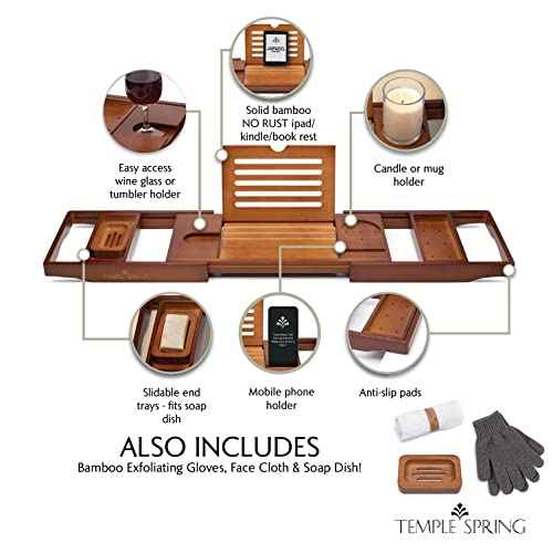 Temple Spring Wooden Bathtub Tray, Bamboo Bathroom Accessories, Bath Tray for Tub, at Home Spa Essentials, Board for Tub Table, Bath Caddy for Bathtub Accessories & Bathroom Essentials ? Wood Brown