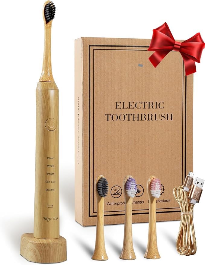 Sonic Bamboo Electric Toothbrush for Adults - Rechargeable Electric Bamboo Toothbrush -4 Pack Soft Brush Heads-Plant-Based Bristles | 5 Cleaning Modes Long-Lasting Battery