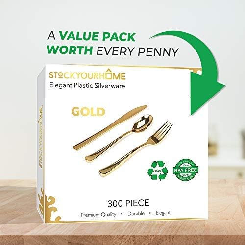 Gold Plastic Silverware Set (300-Pack) – Disposable Heavy Duty Cutlery, 100 Forks, 100 Knives, 100 Spoons for Parties, Weddings, Dinners & Holidays