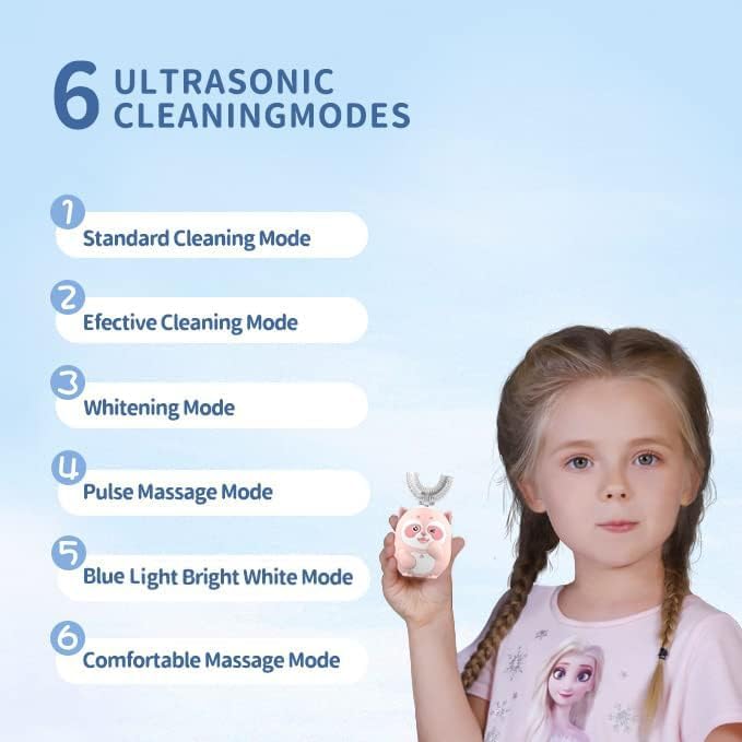 Kids Electric U Shaped Toothbrush Children Rechargeable Sonic Toothbrush with 4 Brush Heads Full Mouth 6 Cleaning Modes - (Age 8-15, Gray)