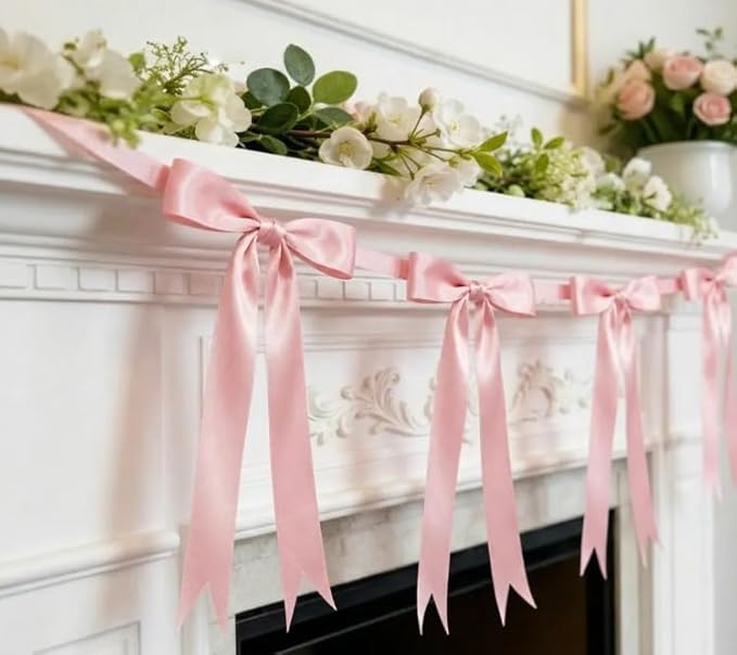 2 Strings Dusty Pink Bow Garland Banner Decorations, 16Pcs Pre-Strung Satin Ribbon with 6.7ft Chain for Girls Ribbon Bow Banner Coquette Room Birthday Baby Shower Bachelorette Wedding Party Decor