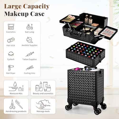 3 in 1 Rolling Makeup Train Case Professional Large Cosmetic Trolley Cosmetology Case on Wheels Traveling Cart Trunk for Hairstylist Artist Nail Beauty Salon Barber, Black