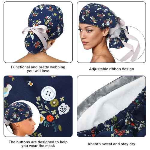 6 Pcs Satin Lined Scrub Caps Women Nurse Surgical Hat with Buttons Ponytail Working Adjustable Pouch Tie Back