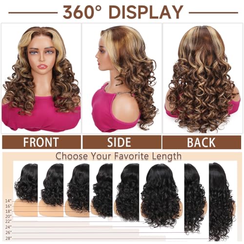 Highlight Ombre 5x5 Pre Plucked Pre Cut Lace Front Wigs Human Hair 4/27 Colored Bouncy Body Wave Lace Frontal Wig Honey Blonde Ombre Glueless 5x5 HD Lace Closure Wigs for Women 180 Density 18 Inch