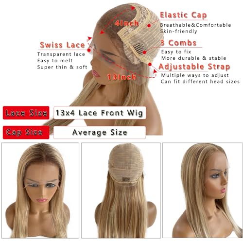 Upgrade - Highlight Straight Lace Front Wig human Hair Wig for Women,13*4 Lace Human Hair Wigs 100% Remy Virgin Hair Ombre Blonde HD Lace Wig,Pre Plucked with Baby Hair 150% Density (8/18/60)