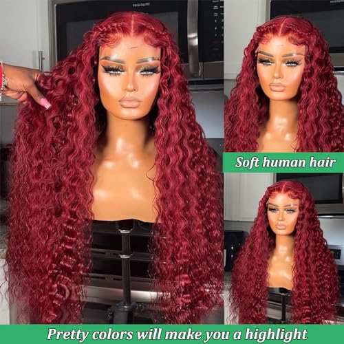 Burgundy Lace Front Wigs Human Hair 24Inch Brazilian Virgin Deep Wave Red Lace Front Wigs Human Hair 180% Density 99j Burgundy Frontal Wig Human Hair(24Inch, 99j Burgundy)