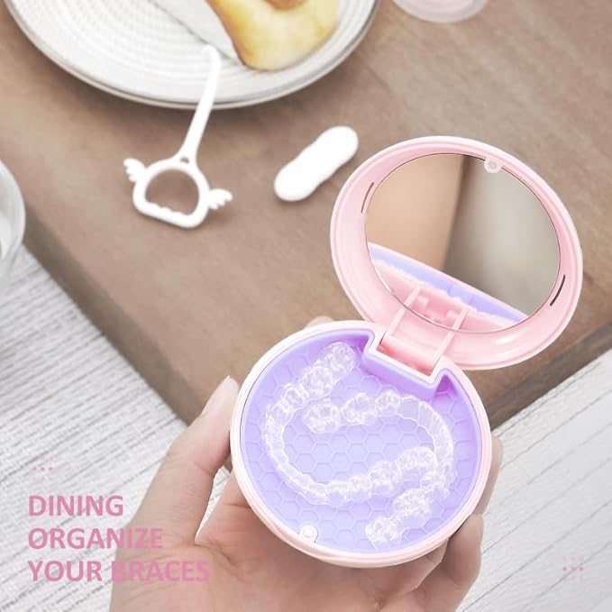 Retainer Case with Mirror and Lanyard,Slim Aligner Case with Vent Holes, Retainer Removal Tool and Brush(Pink with Lanyard)