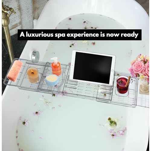 Expandable Bathtub Tray for Tub, Clear & Easy Maintenance Acrylic Material, Bath Organizer for Relaxing Spa, Fits Most Bathtubs and Bathroom D?cor Style, Bath Tub Caddy Tray for Women