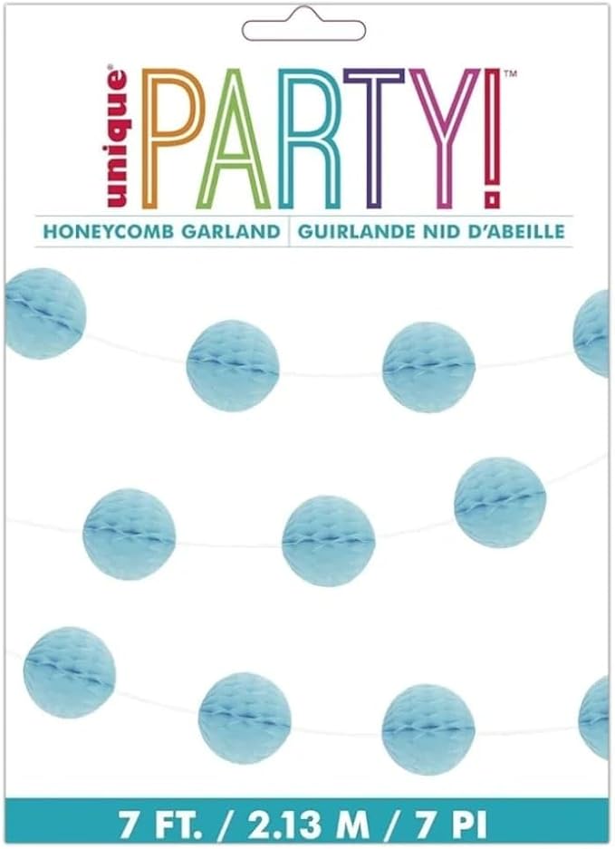 Powder Blue Honeycomb Ball Garland - 7 ft. - Elegant Paper Decor - Ideal for Bridal Showers, Birthdays, & Christmas Parties (1 Pc.)