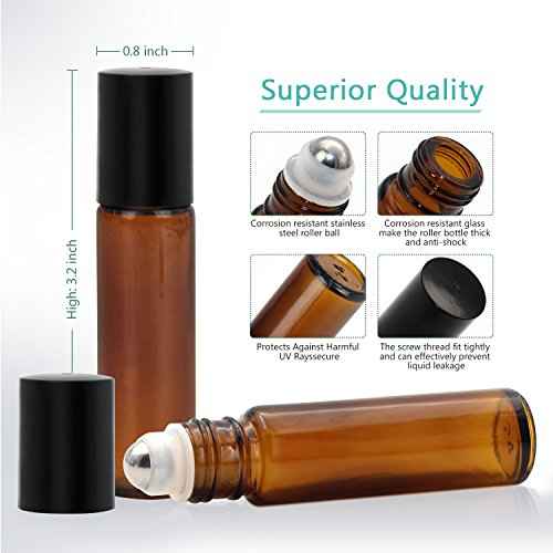Mavogel 24pack, 10ml Roller Bottles for Essential Oils - Amber, Glass with Stainless Steel Roller Balls (3 Extra Roller Balls, 54 Pieces Labels, Opener, Funnel, Dropper, Brush Included)