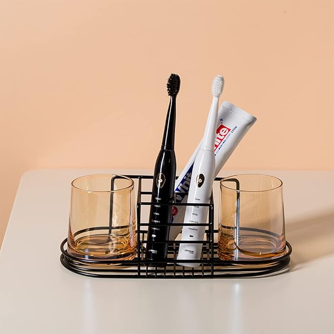 Toothbrush Holder with Cup Holder Electric Toothbrush Toothpaste Holder, Stainless Steel Bathroom Stand or Wall-Mounted Black