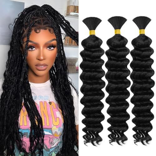 Human Braiding Hair, 3 Bundle 150g 20 Inch Boho Braids Human Hair 10A Deep Wave Bulk Brazilian Virgin No Weft Wavy Hair Extensions for Boho Bohemian Micro Braid Bulk for Braiding Natural Black