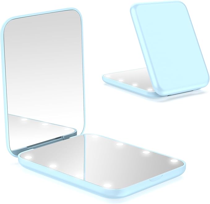 WOBSION Small Mirror with Lights,LED Compact Makeup Mirror,1x/3x Mini Travel Mirror with Magnification,Portable for Purse,Pocket,Gifts for Girls,Blue