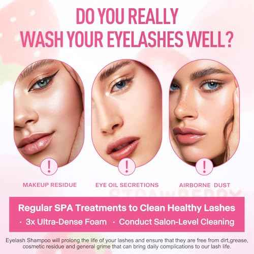 Whipped Lash Extension Cream Shampoo+Brush/3.41fl.oz/100ml/3X Concentrated Lash Shampoo for Professional & Home Use, Strawberry Flavor Eyelash Cleaner Foam