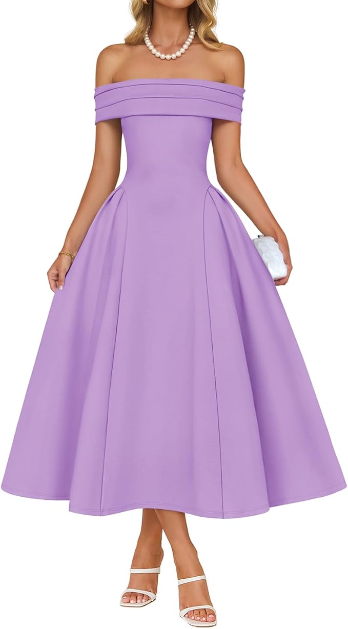 ZESICA Summer 2026 Cocktail Dresses for Women's Off Shoulder Short Sleeve Swing A Line Wedding Evening Party Midi Dress