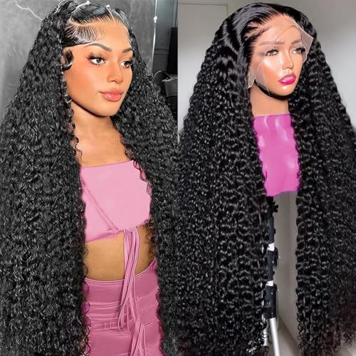 Deep Wave Lace Front Wigs Human Hair 200 Density 13x6 HD Transparent Lace Front Wigs for Women Pre Plucked Deep Curly Lace Frontal Wig Human Hair Glueless Wigs Natural Black 26 Inch