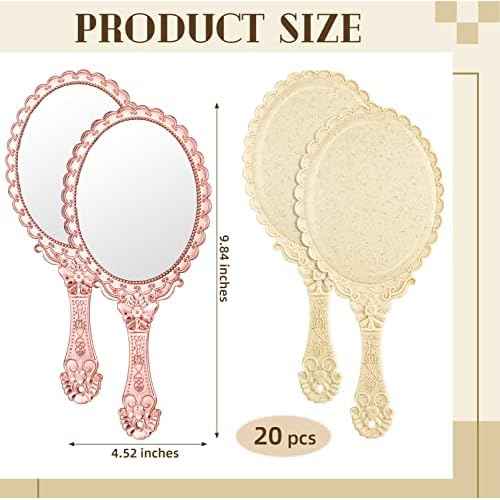 20 Pcs Vintage Handheld Mirrors, 9.8" L x 4.5" W Portable Hand Held Embossed Flower Retro Compact Mirror with Handle for Women Face Makeup Travel(Beige, Rose Gold)