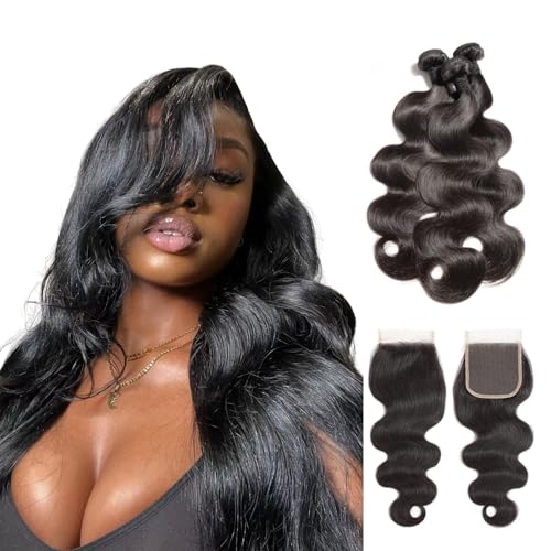 Body Wave Bundles with Closure Human Hair (18 20 22+16Inch) Brazilian 3 4x4 HD Lace Free Part 10A Grade 100% Unprocessed Virgin Natural Color