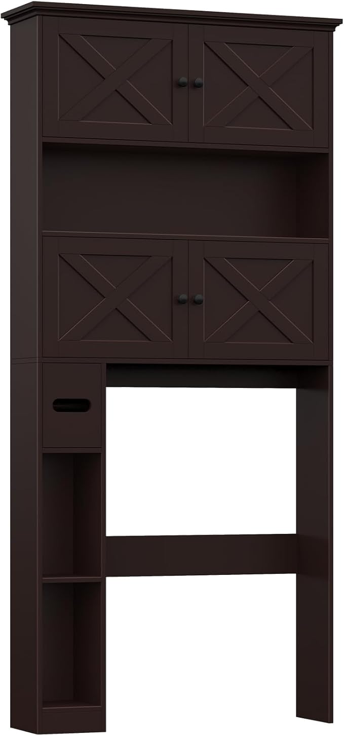 Over The Toilet Storage Cabinet, Farmhouse Storage Cabinet Over Toilet with 4 Barn Doors & Toilet Paper Holder Stand, Espresso Toilet Shelf Home Space Saver for Restroom, Bathroom, Laundry