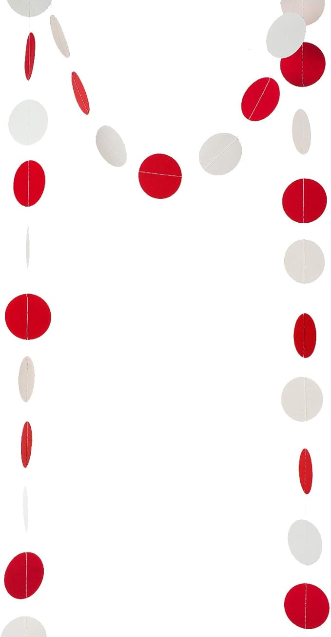 WEVEN Red and White Paper Garland Circle Dots Party Garland Banner Streamer Backdrop Hanging Decorations, 2" in Diameter, Pack of 3, 30 Feet in Total