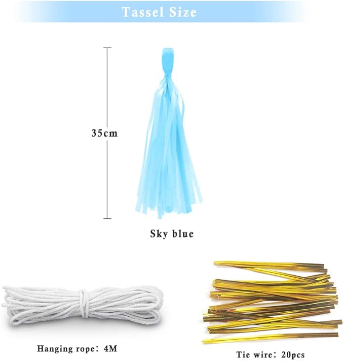 Blue Tissue Paper Tassel DIY Hanging Paper Decorations Party Garland for Parties, Weddings, Festivals, Baby Showers - 20PCS (SKY BLUE 35CM)