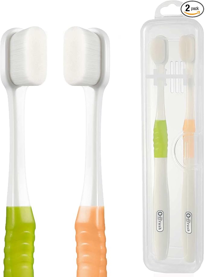 OBrush Soft Toothbrush for Sensitive Teeth and Gums, New 20,000 Micro Fine Nano Bristles Tooth Brush for Adults, Pregnant and Elderly, Packed in Portable Case, Color Green Beige Pack of 2