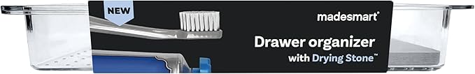 madesmart Dental Tray Drawer Organizer with Drying Stone, Clear Plastic Organizer for Toothbrush, Dental Floss, Water Flosser, Mouthwash