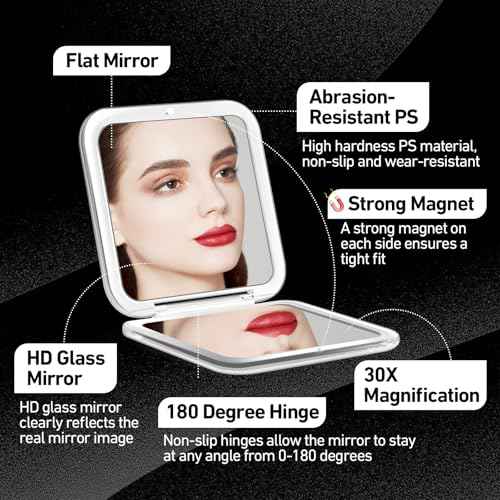 Compact Mirror, 30X Magnifying Mirror, Square Travel Makeup Mirror, 3.3x3.3 inch Small Pocket Mirror, Women's Magnetic Portable Mirrors with Precision Tweezers, Black