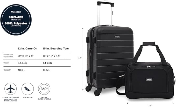 Wrangler Smart Spinner Hardside Luggage, 2 Piece Set, Black