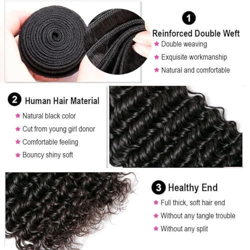 Human Hair Bundles Deep Wave 18 20 22 24 Inch Curly Bundle Human Hair 100% Unprocessed Brazilian Virgin Hair 4 Bundles for Women Wet and Wavy Hair Bundle Weave Extensions Natural Black