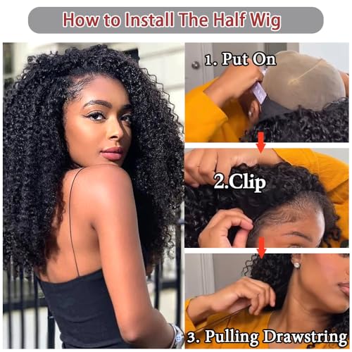Kinky Curly Half Wig Human Hair 3 in 1 Glueless Wear And Go Human Hair Half Wigs For Women Seamless Flip Over Drawstring Headband Wig 180% Density Beginner Friendly 1B 18inch