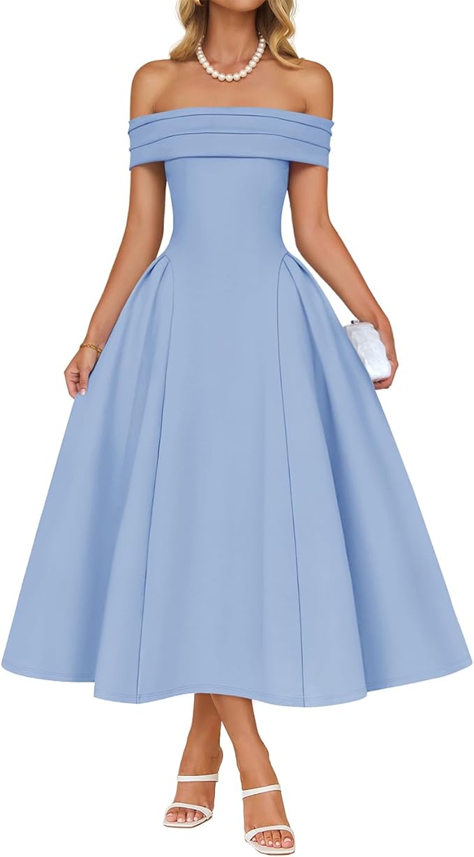 ZESICA Summer 2026 Cocktail Dresses for Women's Off Shoulder Short Sleeve Swing A Line Wedding Evening Party Midi Dress