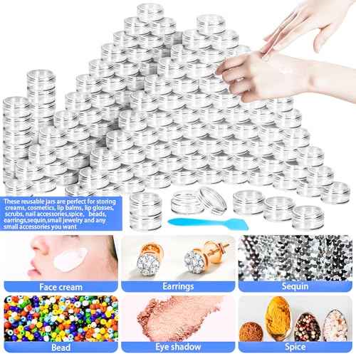 MotBach 100 Pcs 5g Empty Plastic Containers with Clear Lids,Mini Makeup Sample Containers, Small Sample Pot Jars Round Cosmetic Jars with Mini Spatulas for Liquid Sample Powder Creams Lotions