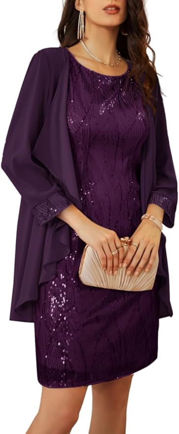 GRACE KARIN Women's Sequin Dress - Wedding Guest & Mother of The Bride Formal Dress - Two Piece Knee Length