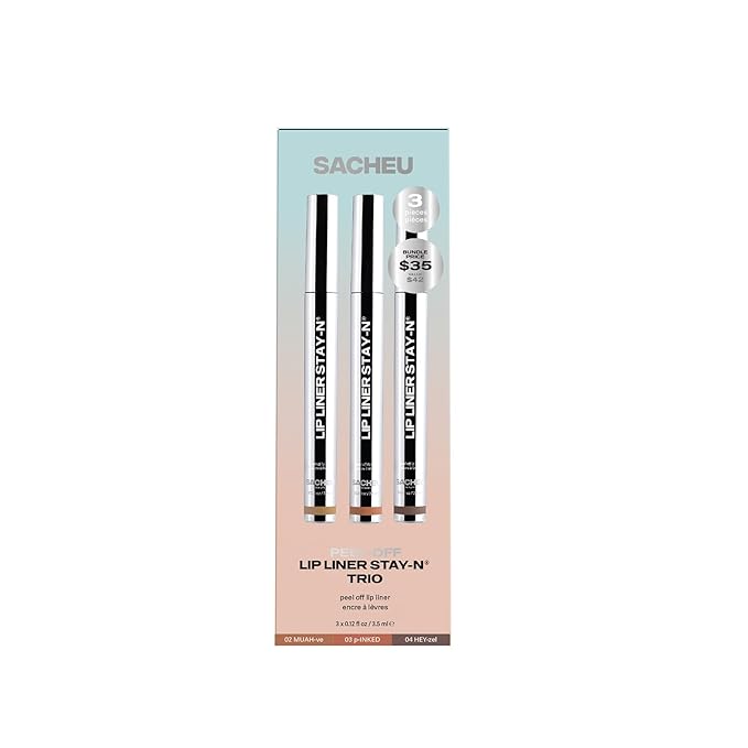Sacheu Lip Liner STAY-N Peel Off Lip Stain — Long Lasting Matte Lip Tattoo Transfer Proof Lipstain Infused with Hyaluronic Acid & Vitamin E for All Skin Types — Vegan & Cruelty-Free, Core Bundle