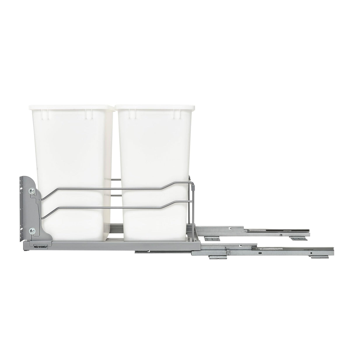 Rev-A-Shelf Double 35 Qt Pullout Trash Cans with Soft-Close for Under Kitchen Cabinets, Min Opening Width of 14.5", White, 53WC-1835SCDM-211