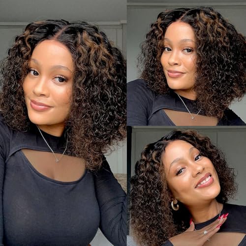 5x5 HD Lace Closure Wigs Human Hair 180% Density 1B/4 Highlight Bob Wig Human Hair Glueless Wigs Pre Plucked Short Curly Human Hair Wig Bleached Knots Ready to Wear (14inches)