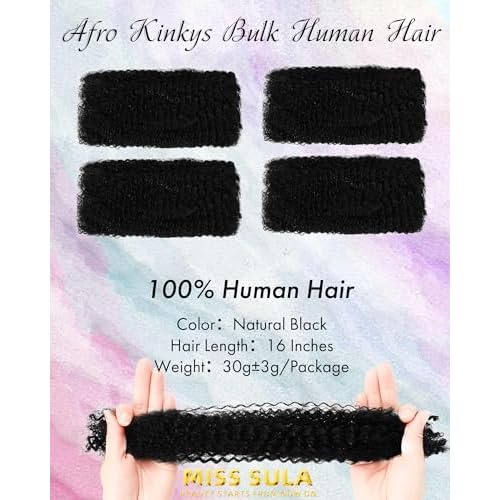 Afro Kinkys Bulk Human Hair Extensions,Kinky-Curly Real Human Hair for Dreadlocks/Locs Repair, Twist & Braid, Crochet Human Braiding Hair Bundles, Natural Black, 16 Inches 4 Packs