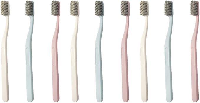 9 Pcs Adult Hard Hair Nylon Toothbrushes with Curved Handles for Teeth Cleaning Oral Care Tools in Pink Sky-Blue and Beige Colors