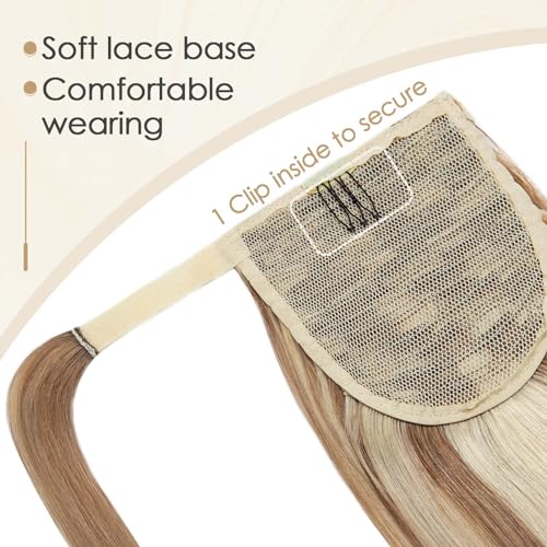 Benehair Ponytail Extension Wrap Around Ponytail Hair Extension with Magic Paste Human Hair Natural Long Straight One piece Hairpieces for Women 22inch Adding Volume Golden Brown&Bleach Blonde #12P613