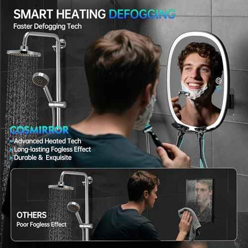 COSMIRROR Heated Shower Mirror Fogless for Shaving, Lighted Shaving Mirror with 2 Razor Holders, 5000mAh Rechargeable No Fog Mirror for Shower with Light, Adhesive Steam Free Shower Mirror for Men