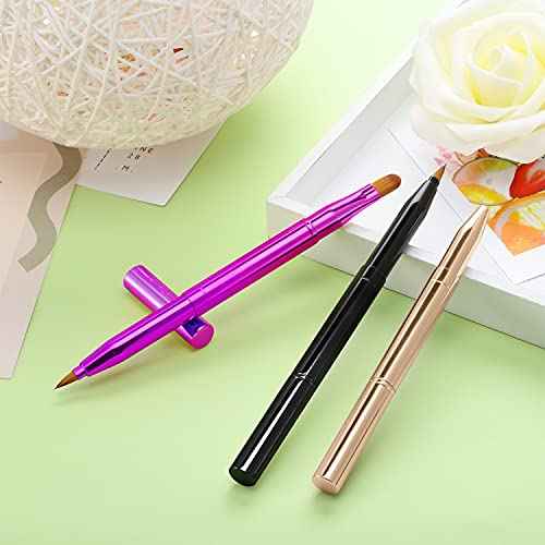 TOODOO 3 Pack Retractable Lip Brush for Lipstick with Cap Dual-ended Liner Foundation Makeup Brush Sets Travel Applicators(Gold, Purple, Bright Pink)