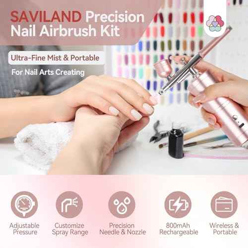 ??SAVILAND Pro Airbrush Kit: 25 PSI Precision Airbrush for Nails Rechargeable Dual-Mode Gun 0.3mm Nozzle - Portable Salon Grade Tool for French Ombre & Makeup