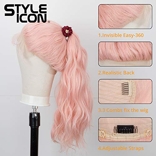 Style Icon Easy-360 Lace Wigs 30" Free Part Lace Frontal Wigs Long Water Wave Wig Pink Synthetic Wig (30 Inches, PINK9)